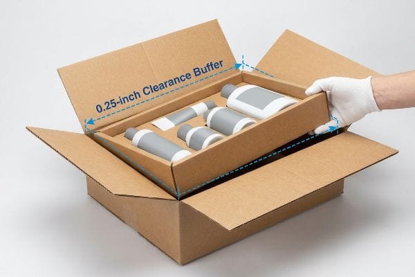 0.25-inch Clearance Buffer Brown corrugated shipping box with a hand inserting a custom tray containing cosmetic bottles, highlighting a 0.25-inch Clearance Buffer for smooth unpacking.