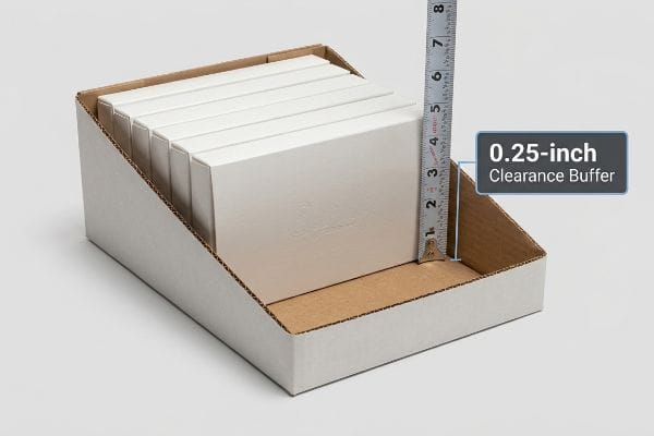 Metal tape measures 0.25-inch Clearance Buffer in a white cardboard display tray holding multiple white boxes, demonstrating offset tolerance.