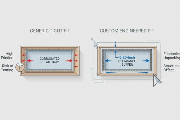 Diagram compares Corrugated Retail Tray: Generic Tight Fit causes friction and tearing; Custom Engineered Fit uses 0.25-inch clearance buffer for frictionless unpacking.