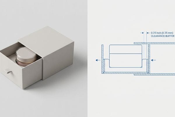 Light grey sleeve box with cosmetic jar, beside a diagram showing 0.25 inch (6.35 mm) Clearance Buffer for nested clearances.