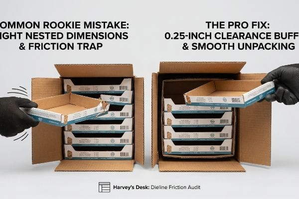 Dieline Friction Audit Packaging friction: tight nested dimensions trap retail trays, 0.25-inch clearance ensures smooth unpacking. Dieline Audit.