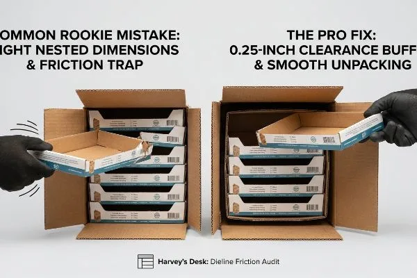 Dieline Friction Audit Packaging friction: tight nested dimensions trap retail trays, 0.25-inch clearance ensures smooth unpacking. Dieline Audit.
