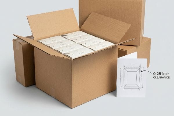 Corrugated tertiary shipper box with 12 nested packages and a diagram detailing 0.25-inch clearance for easy unpacking.