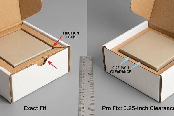 Exact Fit vs Clearance White corrugated mailer box comparison illustrating an Exact Fit with Friction Lock versus a Pro Fix with 0.25 Inch Clearance.