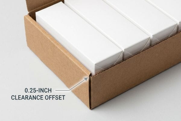 Packaging Clearance Offset Detail Brown corrugated box showing 0.25-Inch Clearance Offset between its wall and white nested product boxes.