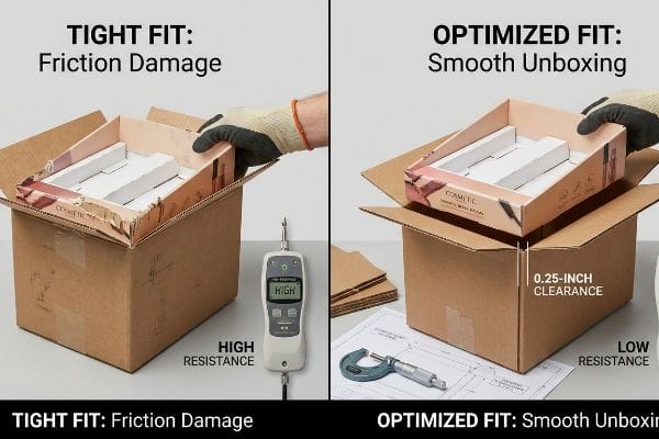 Tight vs. Optimized Fit Tight-fit cosmetic tray causes friction damage and high resistance, contrasted with optimized fit featuring 0.25-inch clearance for smooth unboxing and low resistance.