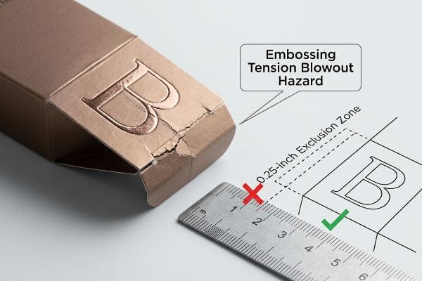 Rose gold embossed 'B' on a damaged cardboard box corner, showing an Embossing Tension Blowout Hazard with a 0.25-inch exclusion zone diagram.