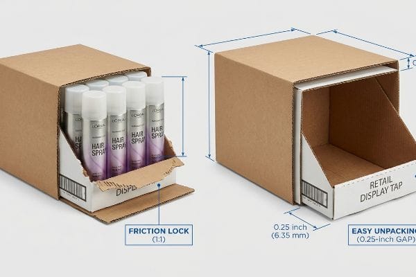 Brown corrugated boxes, one with L'Oreal Hair Spray, show a 0.25-inch gap for Easy Unpacking, preventing Friction Lock.
