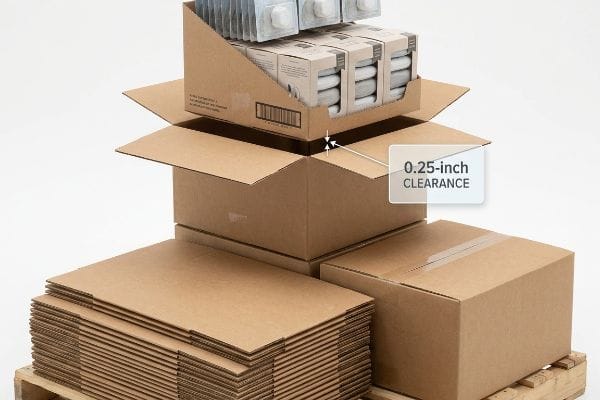 Brown corrugated master carton demonstrating 0.25-inch clearance for nested retail display trays, preventing friction and unpacking damage.