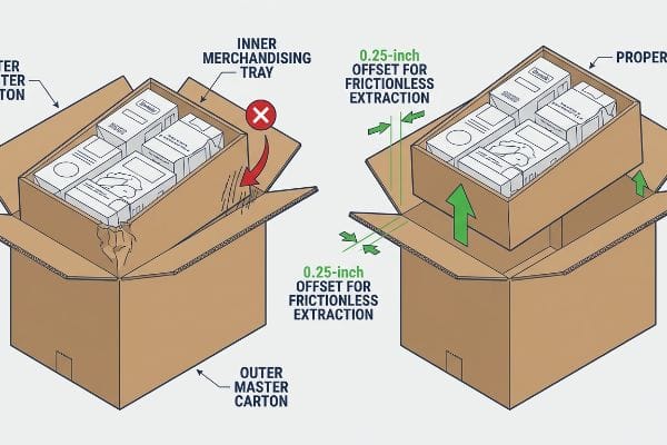 Frictionless Tray Extraction Inner merchandising tray jammed in outer master carton versus 0.25-inch offset for frictionless extraction.