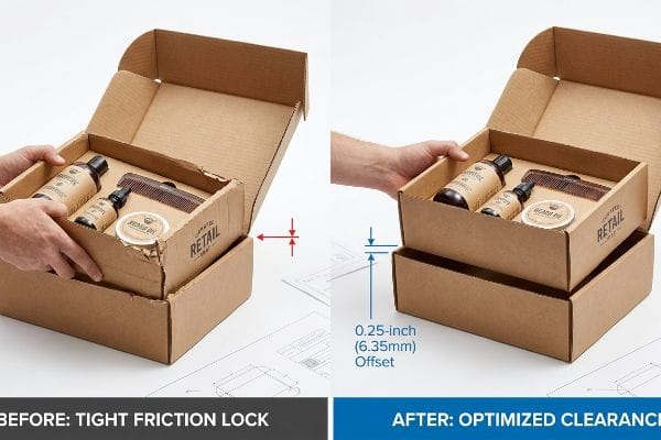 Packaging Friction Lock Offset Kraft corrugated packaging shows a tight friction lock before and a 0.25-inch (6.35mm) geometric offset for optimized clearance, featuring beard oil.