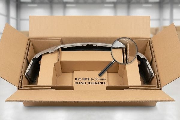 Bumper Offset Tolerance Packaging Brown corrugated box with a silver car bumper nested inside, showing a 0.25 Inch (6.35 Mm) Offset Tolerance highlighted by a magnifying glass.