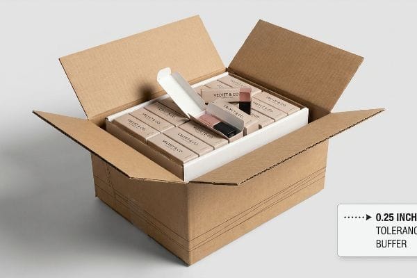Lipstick Shipping Box Buffer Brown corrugated shipping box containing Velvet & Co. lipstick packaging, highlighting a 0.25 Inch Tolerance Buffer.