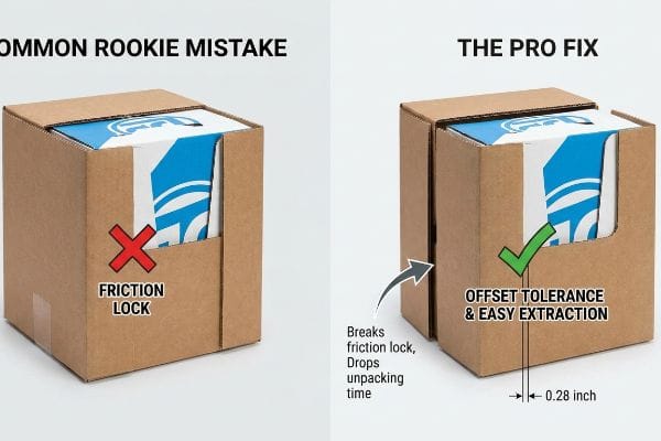 Offset Tolerance Easy Extraction Corrugated boxes demonstrate a Common Rookie Mistake with Friction Lock versus The Pro Fix, showing 0.28-inch Offset Tolerance for Easy Extraction.