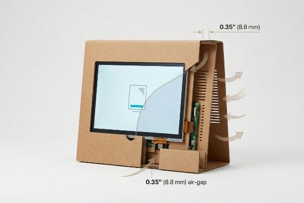 Brown corrugated display with embedded screen, showing 0.35-inch (8.8 mm) air-gap and rear ventilation for passive convection cooling.