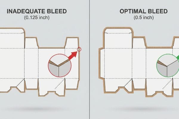 Optimal Packaging Bleed Comparison Side-by-side box dieline diagrams compare inadequate 0.125-inch bleed showing raw edges to optimal 0.5-inch bleed for corrugated packaging.