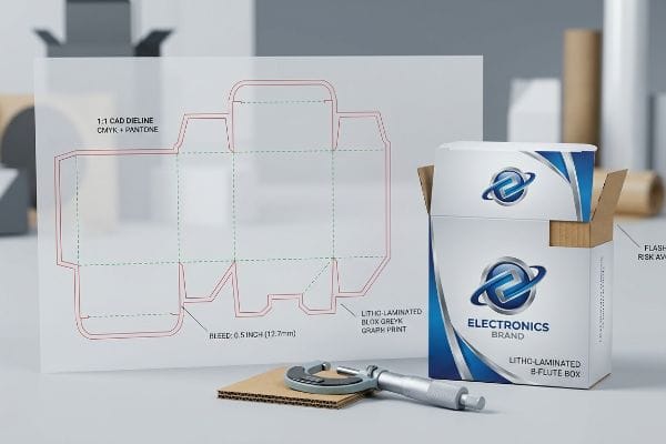 Box Dieline Bleed Micrometer Litho-laminated B-Flute Box for Electronics Brand, with 1:1 CAD Dieline showing 0.5-inch bleed and micrometer.