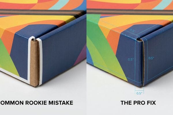 Common Rookie Mistake of exposed raw cardboard edges versus The Pro Fix with a perfect 0.5-inch bleed on a colorful corrugated box.