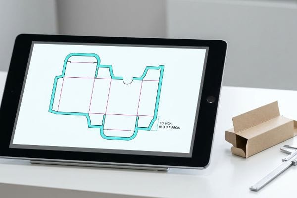 Box Packaging Die-line A tablet displays a digital box packaging die-line with a 0.5 Inch Bleed Margin, alongside a partially folded kraft paper box and a caliper.