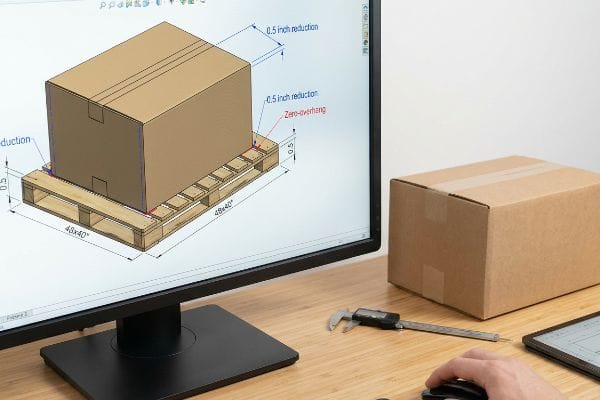 CAD Pallet Overhang Reduction CAD model showing a cardboard box on a 48x40 inch wooden pallet with 0.5 inch reduction and Zero-Overhang dimensions, beside a digital caliper.
