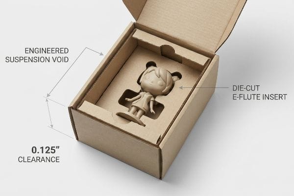 Engineered Suspension Void Packaging Brown corrugated box with a beige figurine secured by a Die-Cut E-Flute Insert, highlighting an Engineered Suspension Void and 0.125-inch Clearance.