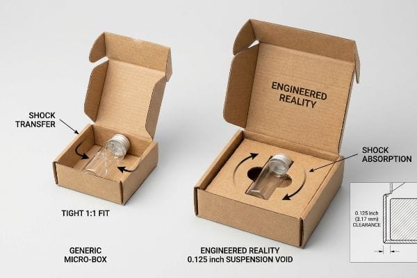 Shock Absorption Packaging Void Generic Micro-Box with Shock Transfer vs. Engineered Reality 0.125 Inch Suspension Void for Shock Absorption.