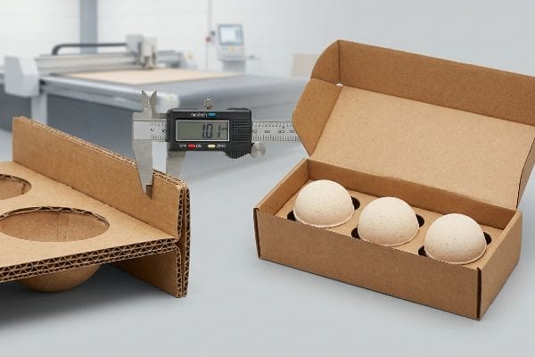 1.01mm Caliper Bend Allowance Digital caliper measuring corrugated cardboard at 1.01 mm, next to custom bath bomb boxes with spherical inserts, on a Kongsberg table.