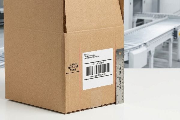 Barcode Keep-Out Zone Brown corrugated master carton displaying a UCC-128 barcode label with a 1.5-inch Keep-Out Zone for logistics compliance.
