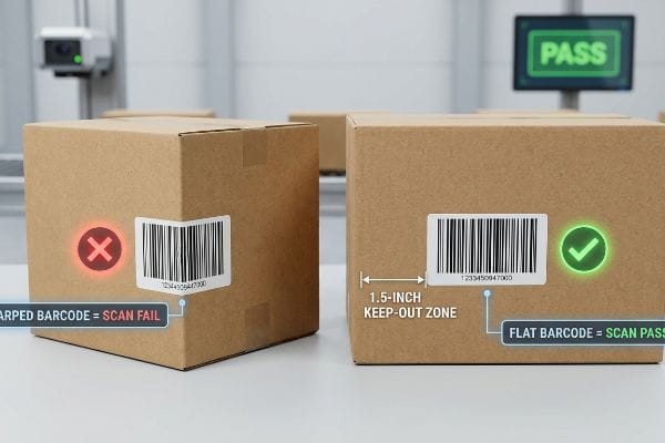 Barcode Scan Pass Fail Cardboard boxes illustrate a Warped Barcode = Scan Fail versus a Flat Barcode = Scan Pass with a 1.5-inch Keep-Out Zone.