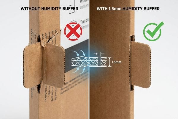Corrugated cardboard tabs show 'Without Humidity Buffer' failure versus 'With 1.5mm Humidity Buffer' perfect fit, illustrating paper expansion.