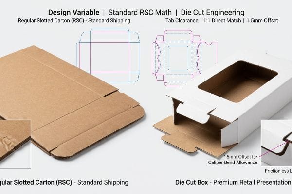 Brown Regular Slotted Carton (RSC) with flute crushing contrasts with a white Die Cut Box featuring 1.5mm offset for caliper bend allowance and frictionless locking.