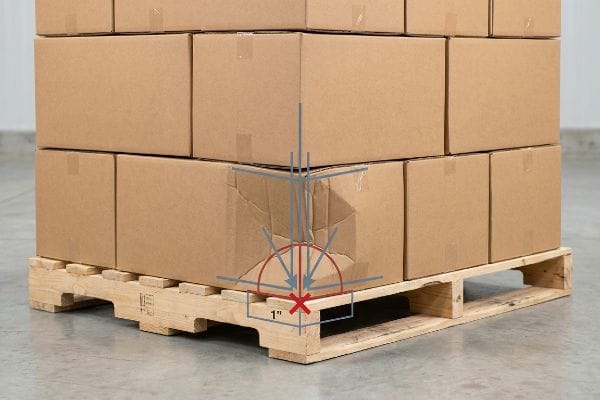 Pallet Overhang Damage Brown cardboard boxes stacked on a wooden pallet, illustrating a 1-inch overhang and downward pressure on the unsupported corner.