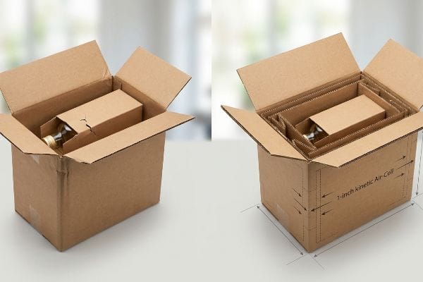 Kinetic Air-Cell Packaging Brown corrugated cardboard shipping box demonstrating a 1-inch Kinetic Air-Cell system with nested inserts protecting a bottle.