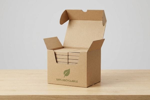 100% Recyclable Dispenser Box An open, brown corrugated dispenser box, featuring a green leaf logo and '100% Recyclable' text, contains smaller brown product boxes.