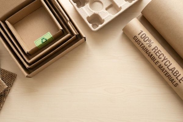 Sustainable Packaging Materials Eco-friendly packaging: nested cardboard boxes, molded pulp tray, and paper rolls with '100% Recyclable Sustainable'.