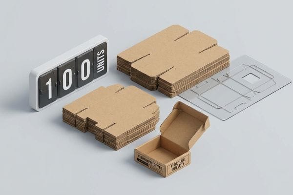 A studio shot shows 100 Units, flat die-cut box blanks, a clear tooling template, and an open box with 'Premium Prototypes' and 'Structural Integrity'.