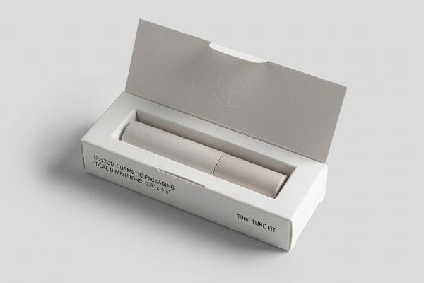 Cosmetic Tube Packaging An open white custom cosmetic packaging box holds a 10ml tube, displaying ideal dimensions: 0.8 x 4.5 inches.