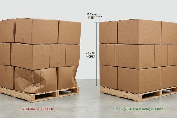 Pallet Overhang Damage Prevention Brown cardboard boxes on pallets demonstrate shipping integrity: 'Overhang = Crushed' on left, 'Inset (Zero-Overhang) = Secure' on right with 12.7 mm inset on 48 x 40 inch pallet.