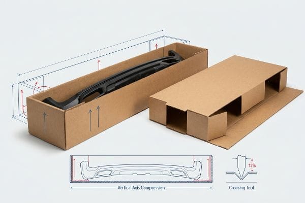 Bumper Box Compression Creasing Corrugated box with black automotive bumper, showing Vertical Axis Compression diagram and a 12% Creasing Tool detail.