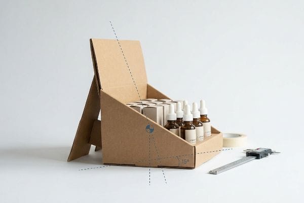 Brown corrugated display box with extended easel back, holding amber tincture bottles, showing a 15-degree tilt test.