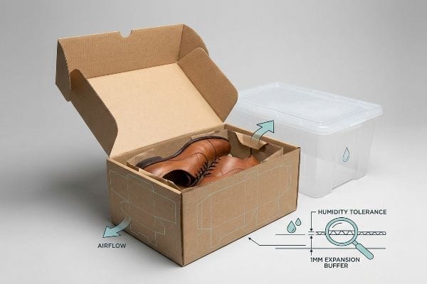 Brown leather oxford shoes in an open corrugated box, showing Airflow, Humidity Tolerance, 1mm Expansion Buffer.