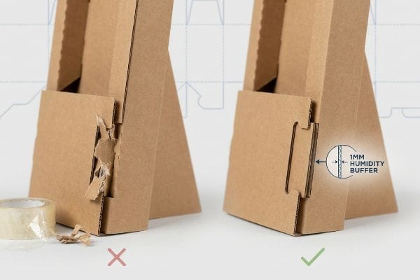 Сравнение буферов влажности Демонстрационный стенд из коричневого гофрированного картона, на котором сравнивается разорванный соединительный язычок, заклеенный скотчем, с идеально подогнанным соединением, в котором используется буфер влажности толщиной 1 мм.