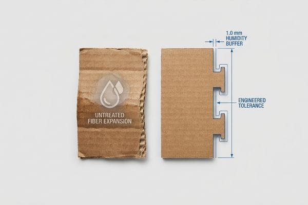 Two cardboard pieces illustrate Untreated Fiber Expansion versus a die-cut with a 1.0 mm Humidity Buffer and Engineered Tolerance.