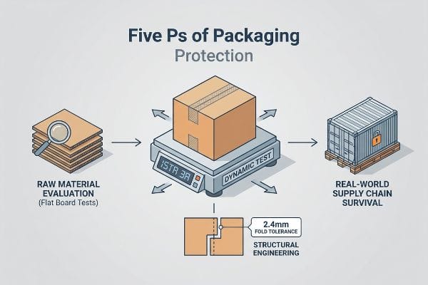 Packaging Protection Ps Packaging Protection infographic: raw material evaluation, ISTA 3A dynamic testing, 2.4mm fold tolerance structural engineering, supply chain survival.