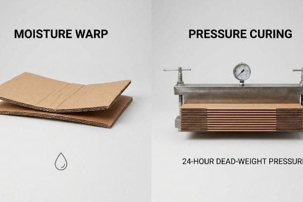 Cardboard Warp Curing Process Warped corrugated cardboard demonstrating Moisture Warp with a droplet icon, contrasted with Pressure Curing using a 24-Hour Dead-Weight Pressure press.