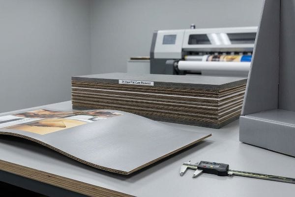Display Panel Flat Cure Stacked corrugated display panels with a "24-Hour Flat Cure Protocol" label, alongside a digital caliper and a bent board, highlighting flat cure.
