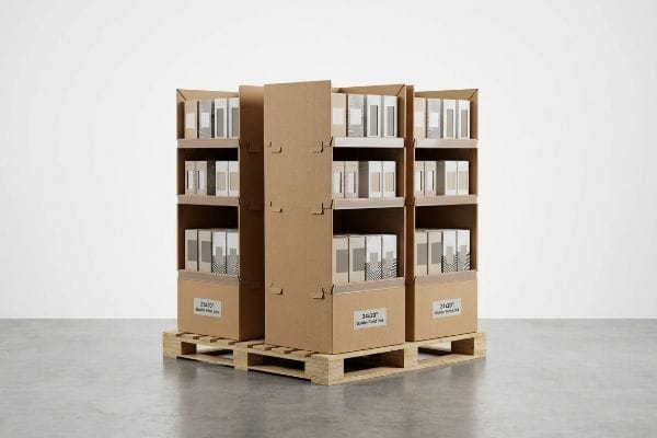Cardboard Quarter Pallet Displays Brown corrugated cardboard free standing display units, each a 24x20 Quarter Pallet Unit, filled with product boxes on wooden pallets.