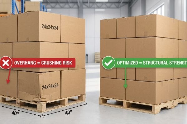 Overhang vs Optimized Pallets Two palletized stacks of 24x24x24 brown cardboard boxes. One shows 'Overhang = Crushing Risk' on 40-inch pallets, the other 'Optimized = Structural Strength'.