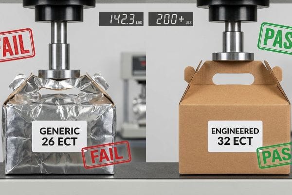 Box Compression Test Results Silver Generic 26 ECT gable box failing at 142.3 lbs compression, contrasted with Engineered 32 ECT box passing 200+ lbs.
