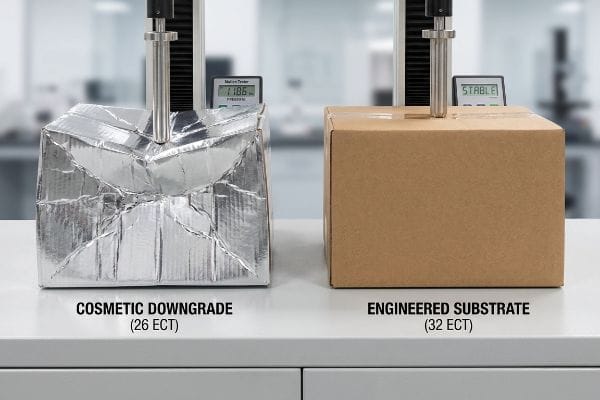 Silver Cosmetic Downgrade (26 ECT) box, crumpled at 118.6 lbs on a Mullen Tester, beside a stable brown Engineered Substrate (32 ECT) box.